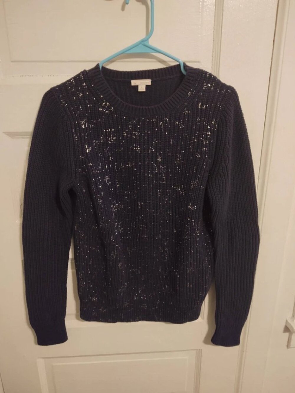 Gap Women Sweater Small Blue Metallic 100% Cotton Long Sleeve Knitted Pullover